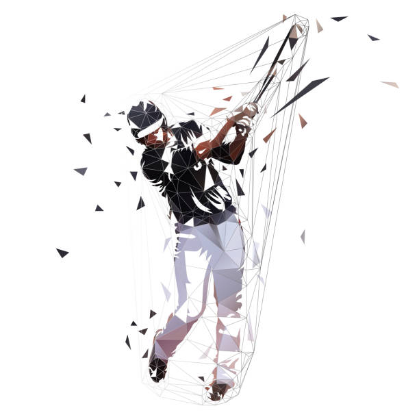 ilustrações de stock, clip art, desenhos animados e ícones de baseball player in black jersey swinging with bat, isolated low polygonal vector illustration. front view - playing baseball white background action