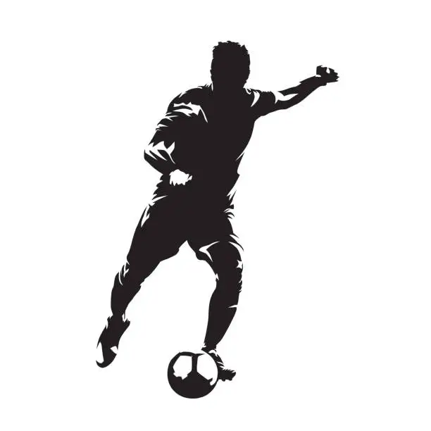 Vector illustration of Soccer player kicking ball, front view. Footballer isolated vector silhouette