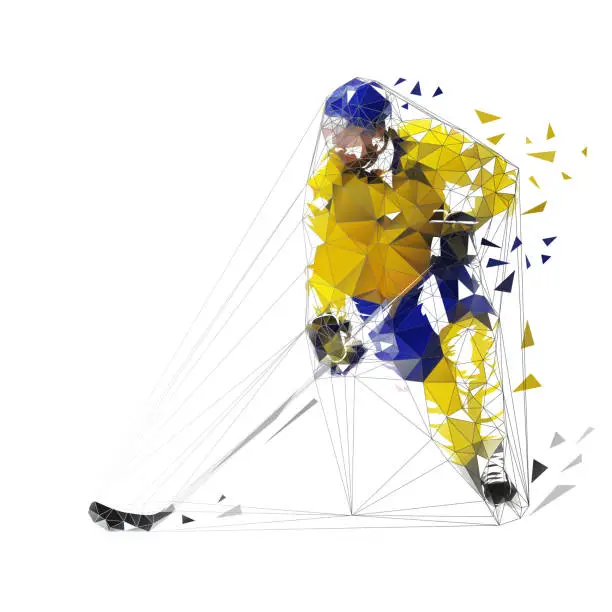 Vector illustration of Hockey player, polygonal vector illustration. Low poly ice hockey skater with puck