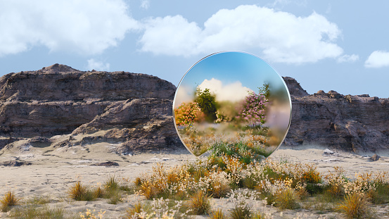 A mysterious mirror in an arid land, reflecting blue sky and lush green landscape.