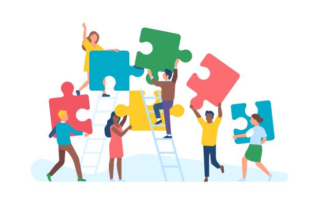 bildbanksillustrationer, clip art samt tecknat material och ikoner med tiny people with puzzle. men and women collect large color puzzle pieces, office teamwork, work optimization, common affair, business teambuilding, vector cartoon flat isolated concept - teamwork