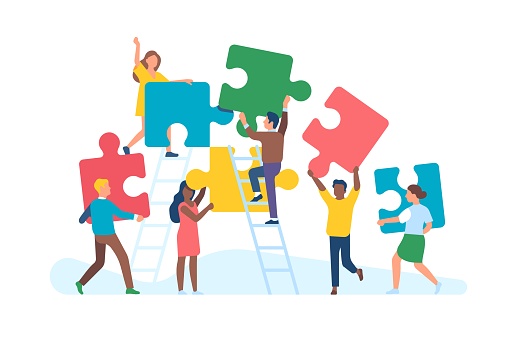 Tiny people with puzzle. Men and women collect large color puzzle pieces, office teamwork, work optimization, common affair, business teambuilding for employee, vector cartoon flat isolated concept