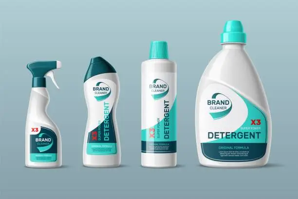 Vector illustration of Detergents design. Realistic cleaning products. Different shapes of plastic packaging with branded labels. Washing liquid bottles mockup. Vector laundry and cleanser containers set