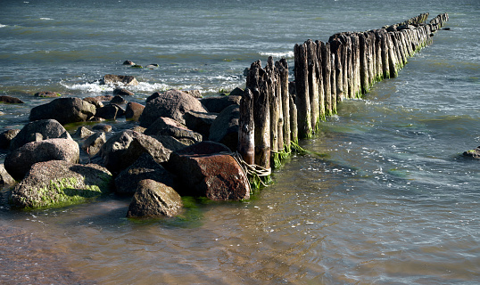 Old wooden breakwater made of pillars and stones at the Baltic Sea