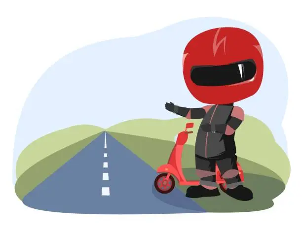 Vector illustration of Scooter driver. Biker Cartoon. Child illustration. Invites you to a trip. In a sports uniform and a red helmet. Cool motorcyclist. Isolated on white background. Vector