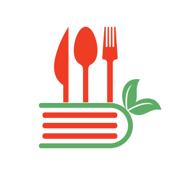 illustrations, cliparts, dessins animés et icônes de conception du concept du logo du livre healthy food. - cantine