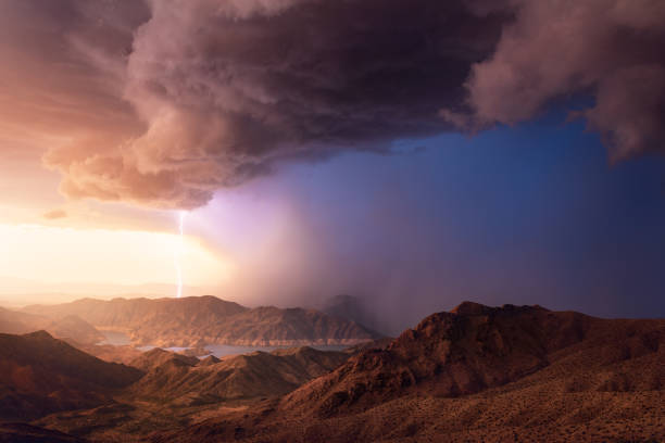 Monsoon storm over Lake Mead at sunset stock photo