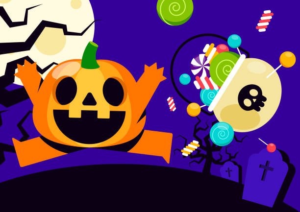 istock Happy halloween party template design background decorative with pumpkin and basket of candy 1343400755