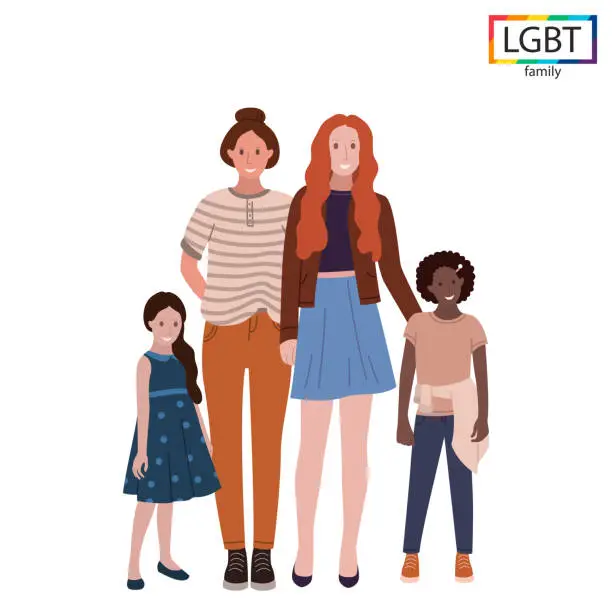 Vector illustration of LGBT family two mothers and two daughters - Vector