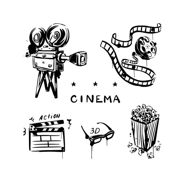 Vintage movie set with camera, reel, popcorn, 3d glasses. Cinema. A hand-drawn sketch on a white isolated background Vintage movie set with camera, reel, popcorn, 3d glasses. Cinema. A hand-drawn sketch on a white isolated background film drawings stock illustrations