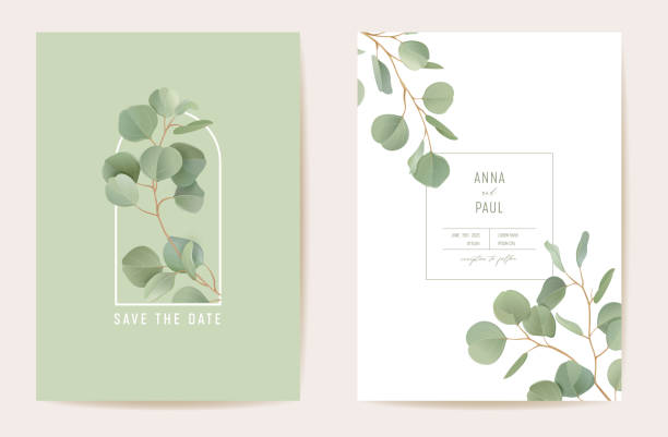 Wedding eucalyptus, green leaf branches floral Save the Date set. Vector realistic leaves greenery boho invitation card. Watercolor template frame, foliage cover, modern poster, trendy design vector art illustration