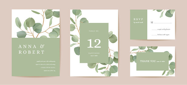 istock Wedding realistic eucalyptus, green leaf branches floral Save the Date set. Vector leaves greenery boho invitation card. Watercolor template frame, foliage cover, modern poster, trendy design 1343403866