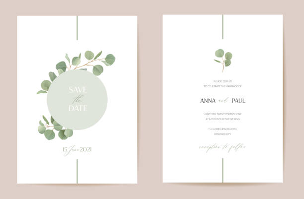Wedding eucalyptus, green leaf branches floral Save the Date set. Vector realistic leaves greenery boho invitation card. Watercolor template frame, foliage cover, modern poster, trendy design vector art illustration
