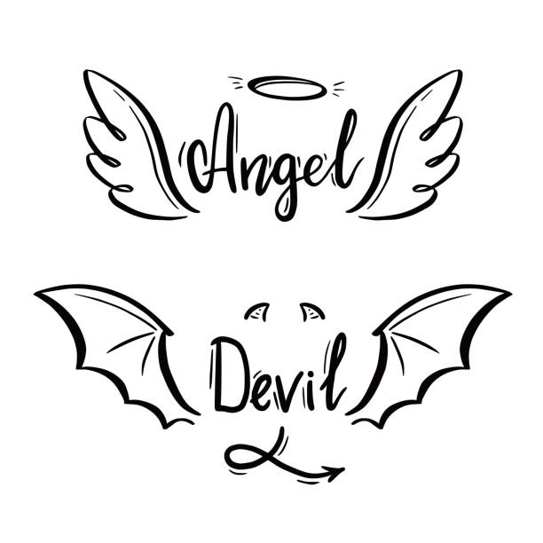 Angel and devil stylized vector illustration. Angel and devil stylized vector illustration. Angel with wing, halo. Devil with wing and tail. Hand drawn line sketch style. devils horn stock illustrations