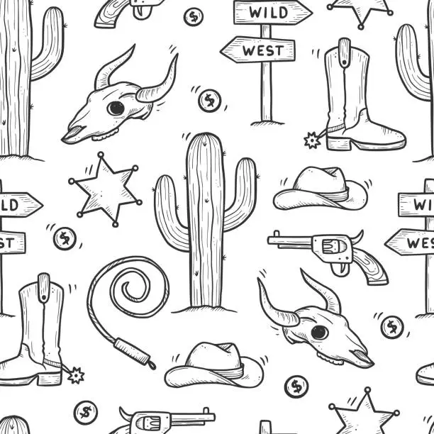 Vector illustration of Cowboy western doodle seamless pattern