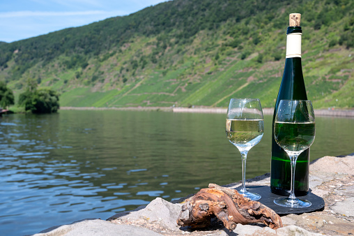 Tasting of white dry quality riesling wine with view on steep slopes of terraced vineyards overlooking Mosel river in sunny day