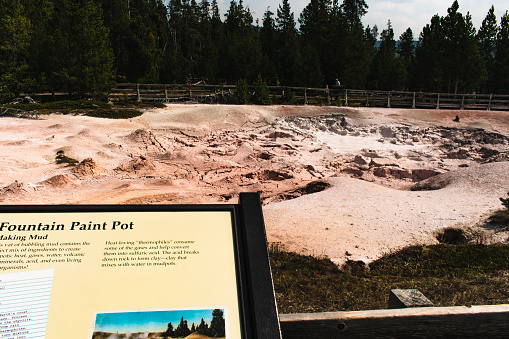 Yellowstone WY USA, Sep 03 2021:The Fountain Paint Pot area in Yellowstone National Park has four types geysers, hot springs, mud jars, and fumaroles, as well as a half-mile hiking trail.