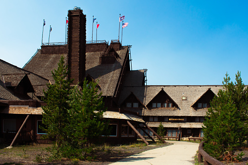 Yellowstone WY USA, Sep 03 2021: Hotel Old Faithful Inn , located in Yellowstone National Park near Old Faithful and Castle Geyser.