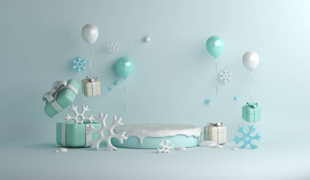 istock Winter display podium decoration background with balloon, snowflakes, gift box, copy space text, 3D rendering illustration 1343415586