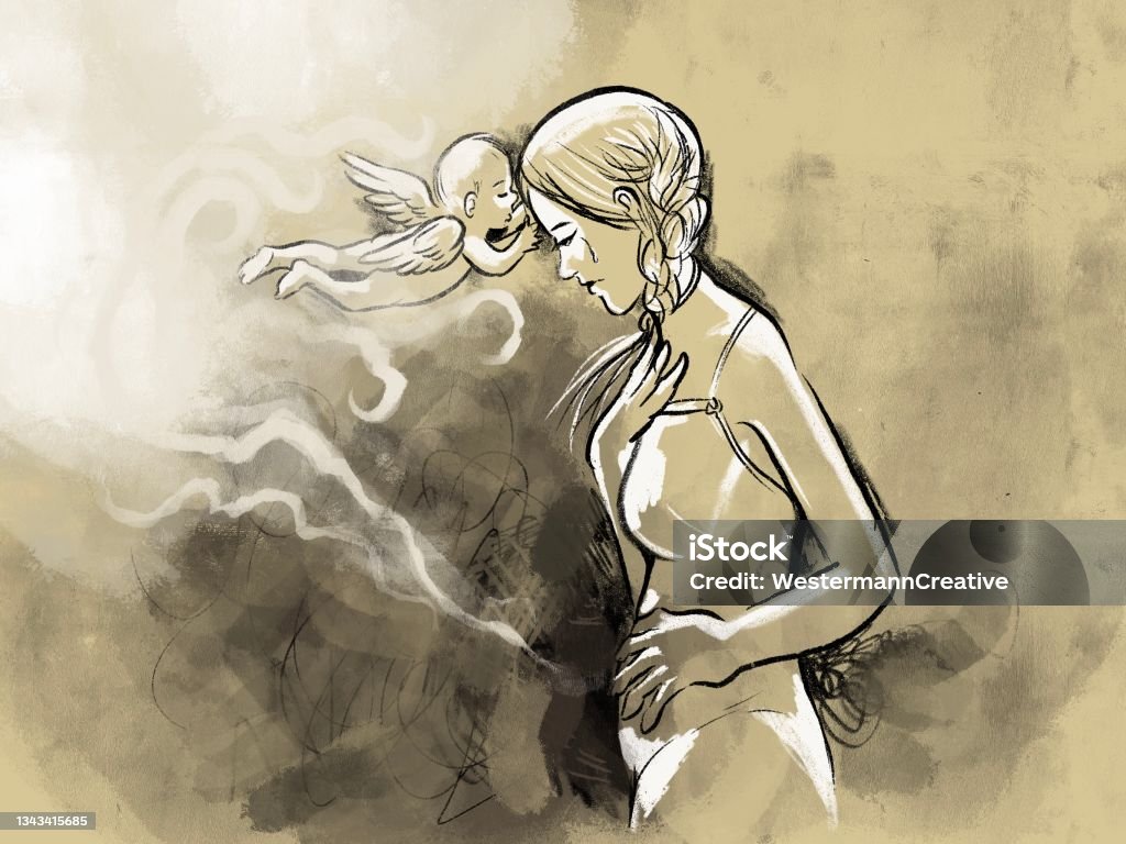 Woman grieving the loss of her child, child loss or miscarriage - Royalty-free Bebek - İnsan Yaşı Stock Illustration