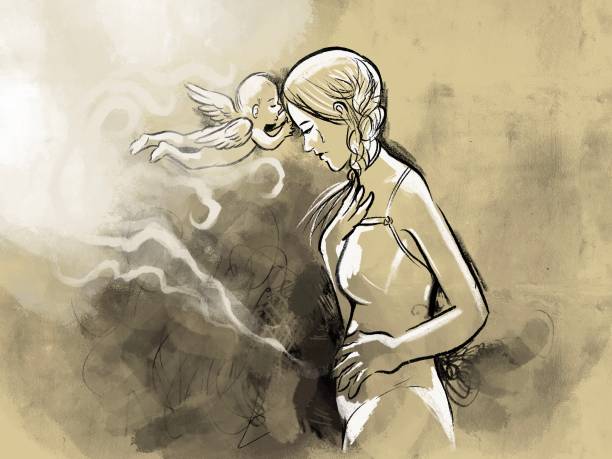 Woman grieving the loss of her child, child loss or miscarriage An illustrated drawing of emotions, feelings and the healing process after child loss or miscarriage Miscarriage stock illustrations