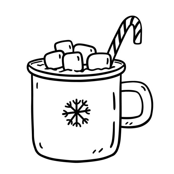 Cup of hot cocoa with marshmallows and candy cane in doodle style Cup of hot cocoa with marshmallows and candy cane isolated on white background. Vector hand-drawn illustration in doodle style. Perfect for holiday and Christmas designs, cards, logo, decorations. marshmallow chocolate stock illustrations
