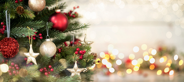 Christmas Gifts and Tree Background with Bokeh. Very shallow depth.