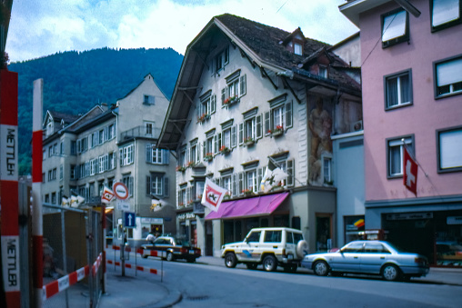 Antique photo and old Retro Vintage Style Positive Film scanned, Street View, Chur, Switzerland.
