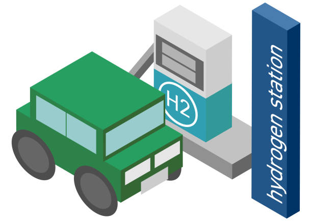 ilustrações de stock, clip art, desenhos animados e ícones de isometric hydrogen stations and hydrogen vehicles - isometric gas station transportation car