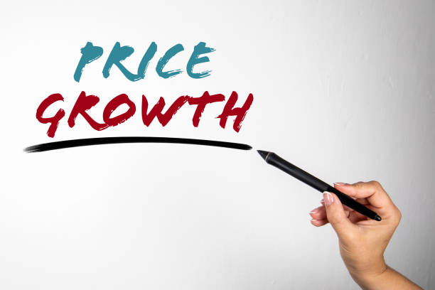 istock Price Growth. Text on screen. Pen in woman hand 1343444611