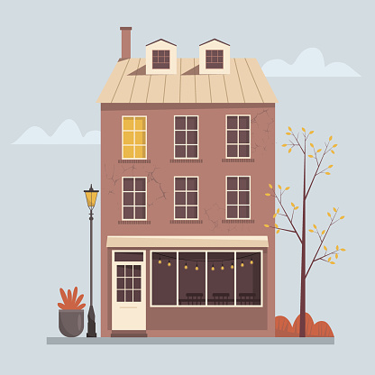 Vector illustration of a cafe in historical building. Europe London autumn