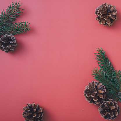 Christmas background with border of pine foliage and cones overred with central copyspace for your holiday or seasonal greetings