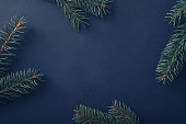 istock Christmas background with fresh pine branches on blue 1343445052