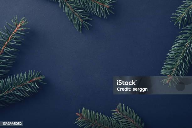 Christmas Background With Fresh Pine Branches On Blue Stock Photo - Download Image Now