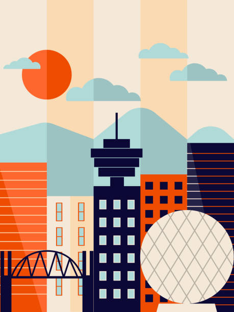 Vancouver cityscape with mountains and main sights Vancouver cityscape with mountains and main sights - Science world, Granville bridge, Vancouver Lookout. Vector illustration vancouver financial district stock illustrations