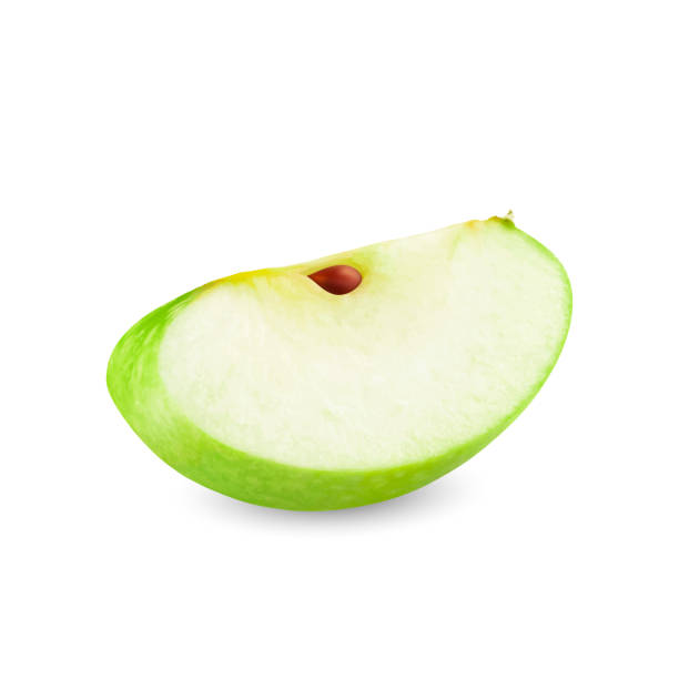 Vector realistic 3d the green apple wedge. Images of green apple slice with bone. Isolated illustration on white background Vector realistic 3d the green apple wedge. Images of green apple slice with bone. Vector illustration isolated on white background. green apple slice stock illustrations