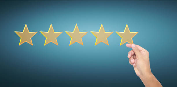 istock Hand of touching rise on increasing five stars. Increase rating evaluation 1343451162