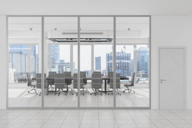 istock Modern Empty Meeting Room Interior  With Conference Table, Office Chairs And Cityscape From The Window. 1343452358