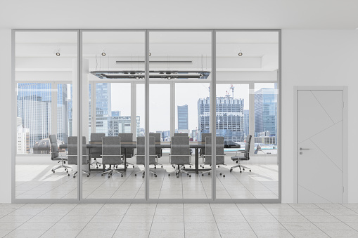 Modern Empty Meeting Room Interior  With Conference Table, Office Chairs And Cityscape From The Window.