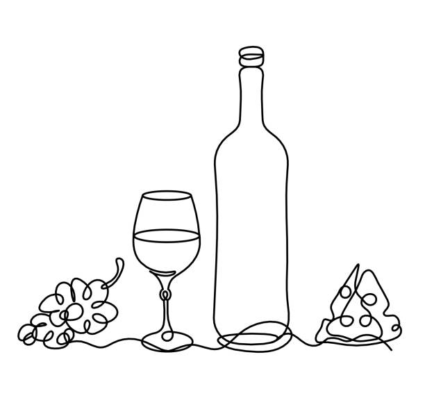 rysowanie butelki szampana lub wina z winogronami na białym tle - cheese wine white background grape stock illustrations