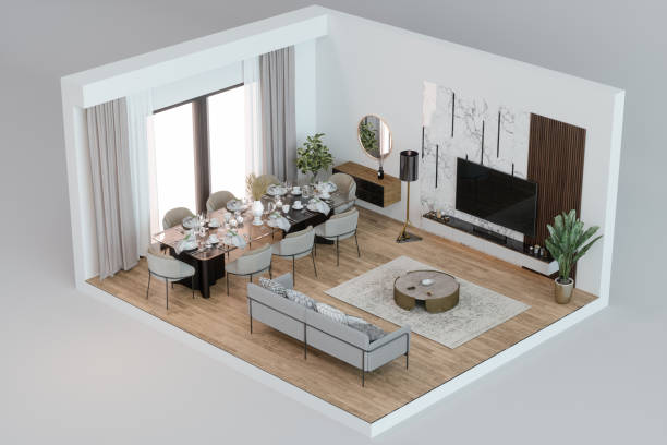식탁이 있는 3d 모델 거실, 회색 배경에 소파와 tv 세트 - open plan 뉴스 사진 이미지