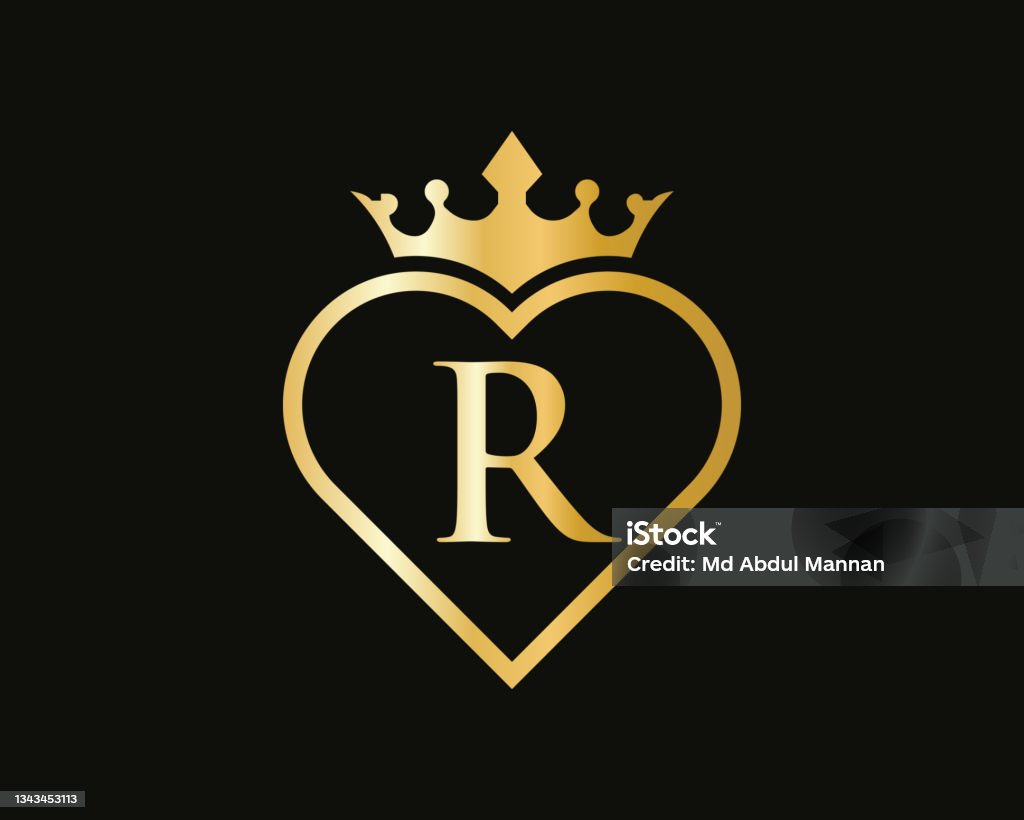 R Logo With Crown And Love Shape Heart Letter R Logo Design Gold ...