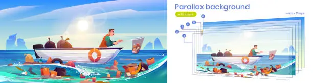 Vector illustration of Parallax background ocean polluted water cleanup