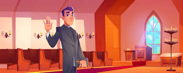Vector illustration of Catholic priest with Bible in church interior