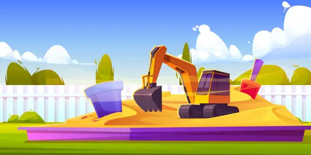 Vector illustration of Sandbox on playground, kids sand box with toys