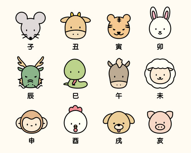 Cute animal face icons. Asian New Year 12 animals. outline simple vector illustration. cow clipart stock illustrations