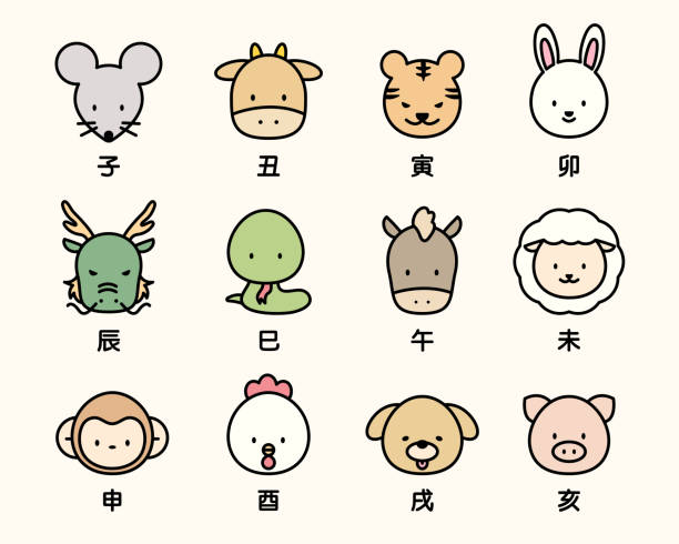 Cute animal face icons. Asian New Year 12 animals. outline simple vector illustration. year of the sheep stock illustrations