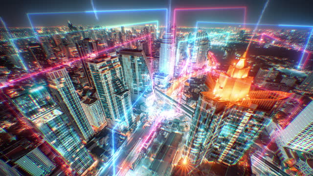 Smart city  and Metaverses concept,  Motion Futuristic Neon light with modern cityscape