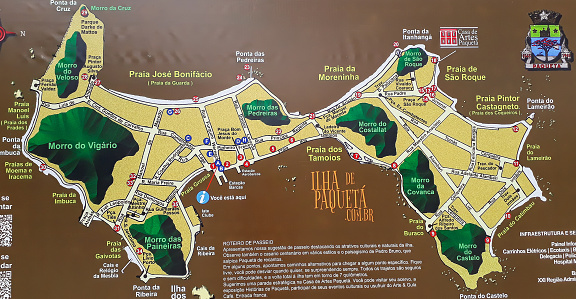 map board of Paqueta Island, historic place on Guanabara bay in Rio de Janeiro, Brazil.