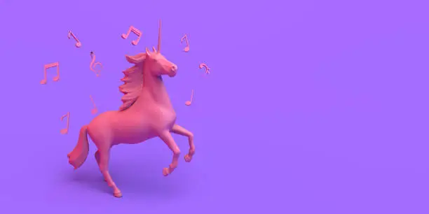 Unicorn riding with musical notes. Fantasy. Copy space. 3D Illustration.